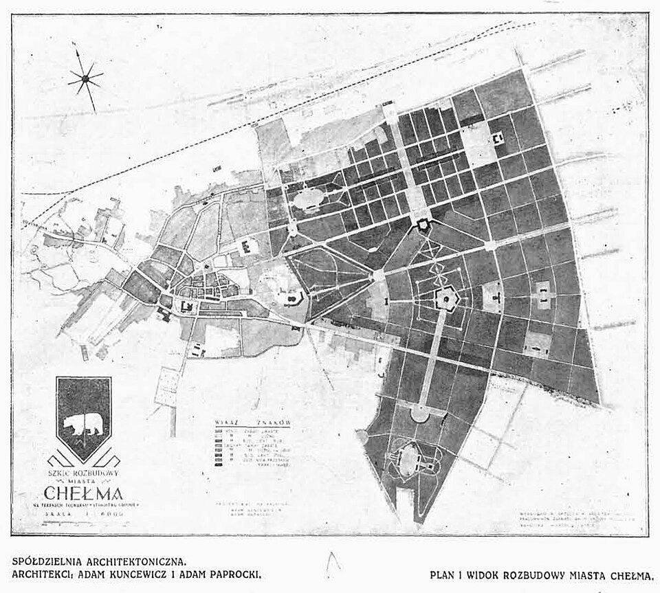 Historyczny plan rozbudowy Chełma z okresu międzywojennego, pokazujący projekt dzielnicy Nowe Miasto z regularnym układem ulic, placów i oznaczonych terenów miejskich.