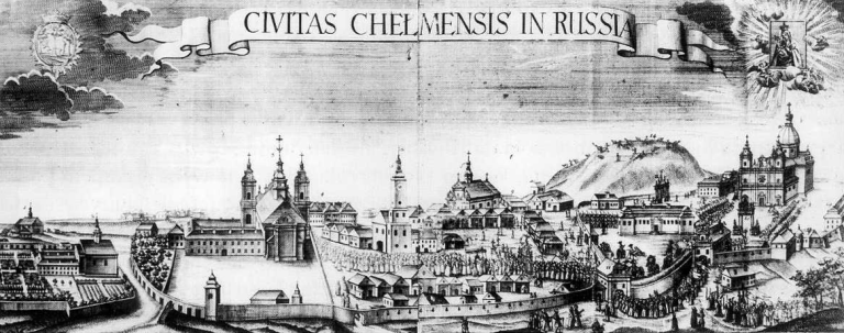 Historyczna rycina przedstawiająca panoramę Chełma z podpisem „Civitas Chelmensis in Russia”.