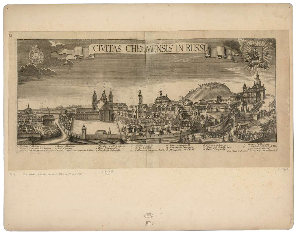 Historyczna rycina przedstawiająca dawną panoramę Chełma z podpisem „Civitas Chelmensis in Russia”.