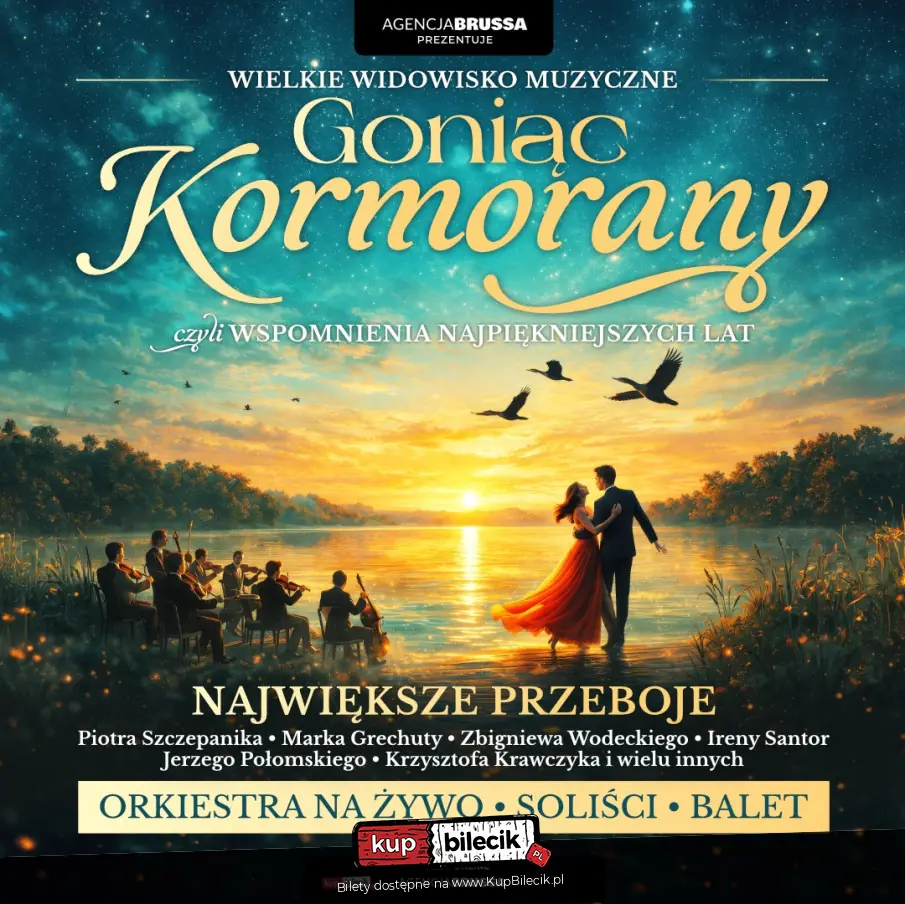 Plakat z napisem Goniec Kormorany Nawiększe przeboje Piotr Szczepanik, Marek Grechuta, Zbigniew Wodecki, Irena Santor, Jerzy Połomski i Krzysztof Krawczyk orkiestra na żywo soliści oraz balet